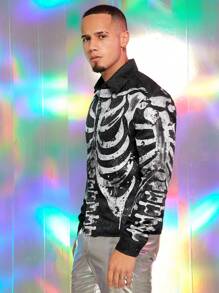 FeverCity Men's Skeleton Print Long Sleeve Single Breasted Casual Rave Shirt, Fashionable Style For Autumn, Going Out, Boyfriend Gift