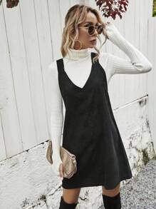 EMERY ROSE V-Neck Casual Minimalist Tank Dress, For Everyday Wear In Autumn Corduroy Women Outfit