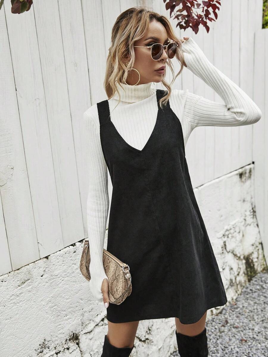 EMERY ROSE V-Neck Casual Minimalist Tank Dress, For Everyday Wear In Autumn Corduroy Women Outfit