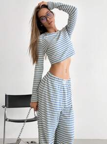 Aloruh Set de 2 piezas para mujer: Conjunto casual de sudadera a rayas + pantalones sueltos