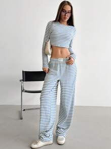 Aloruh Set de 2 piezas para mujer: Conjunto casual de sudadera a rayas + pantalones sueltos