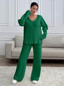 EURMUSE Women V-Neck OverSize Sweater And Knit Pant Set - Hijau - View 3