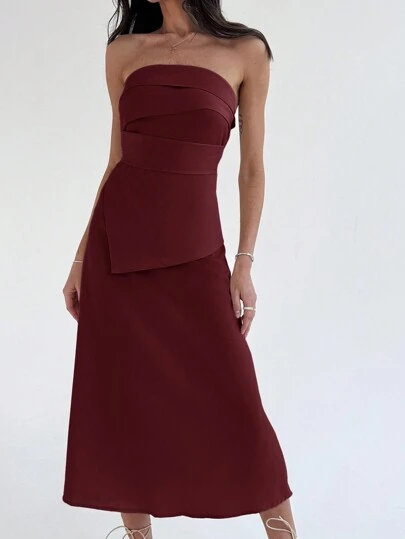 Aloruh 女士露肩褶皱下摆分层 A 字形连衣裙，优雅简约的设计