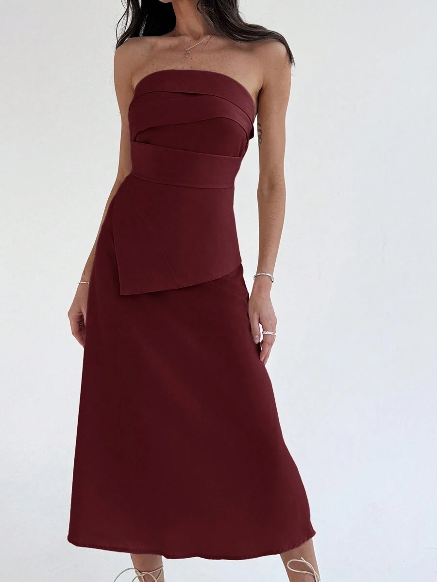 Aloruh Váy chữ A xếp ly hở vai cho nữ, thiết kế tối giản thanh lịch - Đỏ - Xem 1