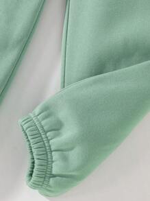 SHEIN 2pcs/Set Tween Girl Casual Solid Color Loose Fit Long Sleeve Polo Sweatshirt Top + Loose Sweatpants Set - Green - View 4