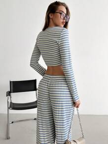 Aloruh Set de 2 piezas para mujer: Conjunto casual de sudadera a rayas + pantalones sueltos