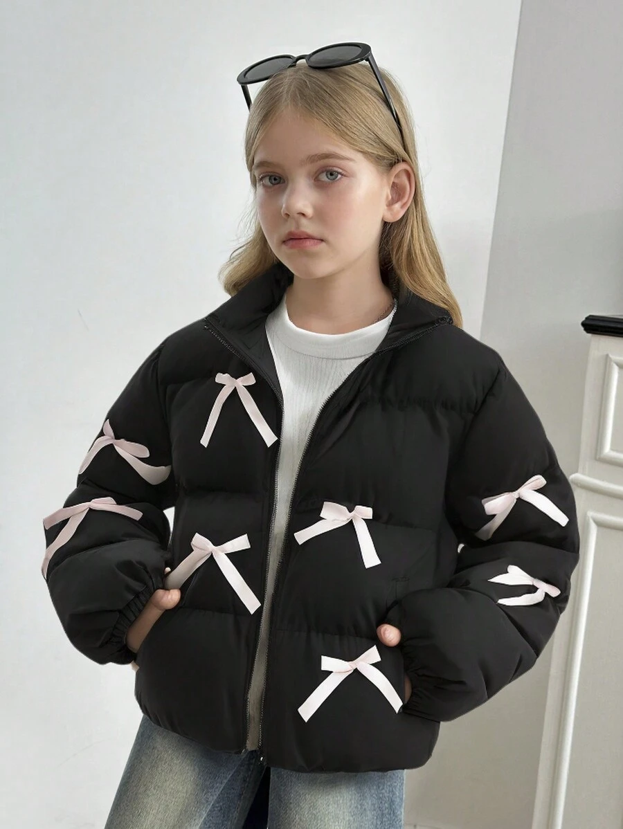 SHEIN Tween Girls Solid Black Color Stand Collar Casual Pink Bow Detail Winter Coat, Thickened Loose Fit Oversized Padded Coat, Super Warm