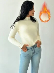 SHEIN Privé 1件女士秋冬简约优雅保暖加厚荷叶边金属纽扣高领修身羊绒衫杏色 - 白色 - 查看 4