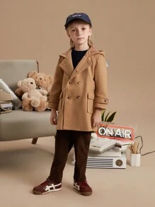 PrepCrw 男童秋冬学院风卡其棕色编织仿修身双排扣连帽外套 - 卡其色 - 查看 4