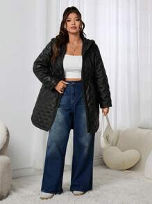 SHEIN EZwear Chaqueta acolchada negra gruesa para invierno de talla grande para mujeres