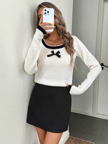 SHEIN LUNE 女式休闲圆领拼色蝴蝶结装饰长袖毛衣，秋冬款