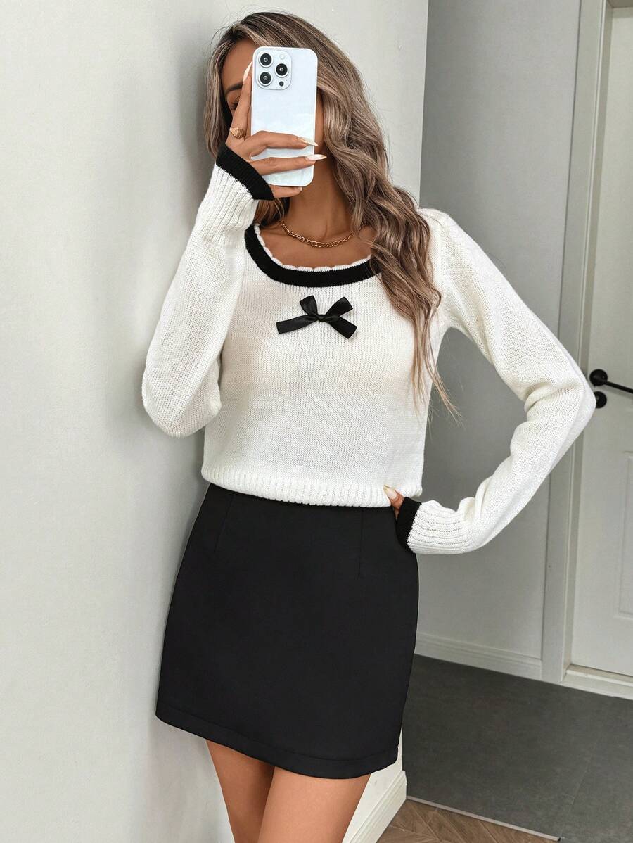 SHEIN LUNE 女式休闲圆领拼色蝴蝶结装饰长袖毛衣，秋冬款