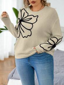 EMERY ROSE Plus Size Round Neck Long Sleeve Floral Pattern Detail Minimalist Casual Pullover Sweater, For Winter Knit Pullover Fall Sweater - Apricot - View 4