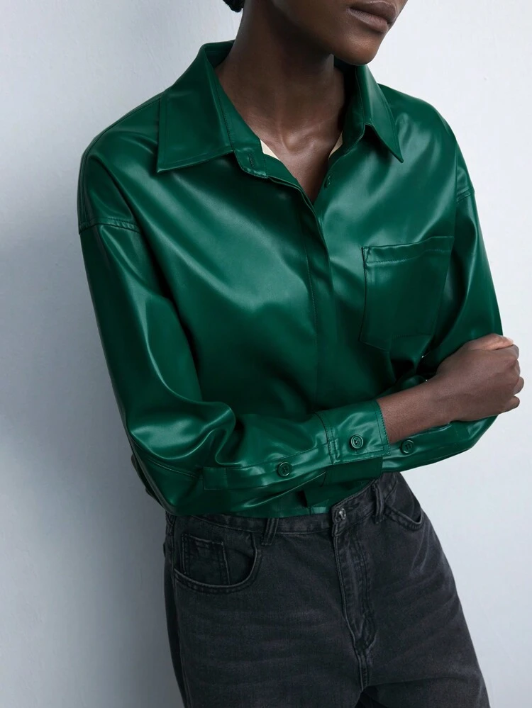 SHEIN Maija New Autumn Winter Urban Chic Elegant Retro Business Casual Outdoor Mocha Green PU Leather Shirt For Ladies