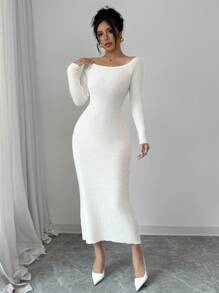 Selianne Women's Solid Color Long Sleeve Off-Shoulder Bowknot Back Fitted Elegant Knit Dress, Autumn - Beige - View 3