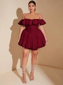 SHEIN BAE 大码褶皱蕾丝边露肩优雅连衣裙，甜美性感蕾丝，适合婚礼宾客、返校节、优雅早午餐、生日派对等场合。 - 酒紅色 - 查看 7