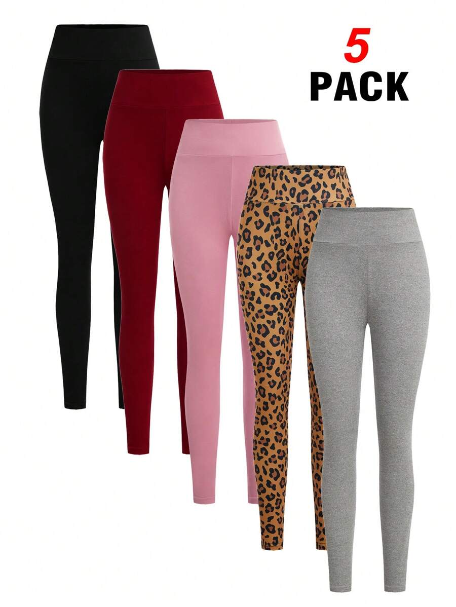 SHEIN Leap Crew 5pcs/Pack Tween Girls Casual Sports Basics Fitted Solid & Leopard Print Leggings - Multicolor - View 1