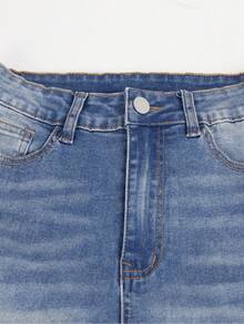 复古做旧弹力猫须翻边直筒七分牛仔裤，带斜插口袋