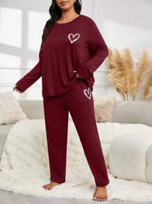 Minimalist Heart Print Long Sleeve Pajama Set - Red - View 6