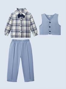 SHEIN Bộ 3 áo vest cổ chữ V màu xanh cho bé trai + quần cạp chun + áo sơ mi tay dài in họa tiết kẻ caro cài nút phía trước - Màu xanh lam - Xem 3