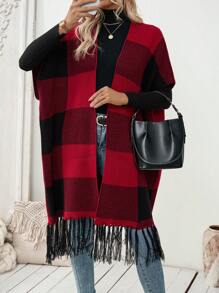 SHEIN LUNE Cárdigan con borlas y estampado de cuadros para mujeres, moda de otoño/invierno