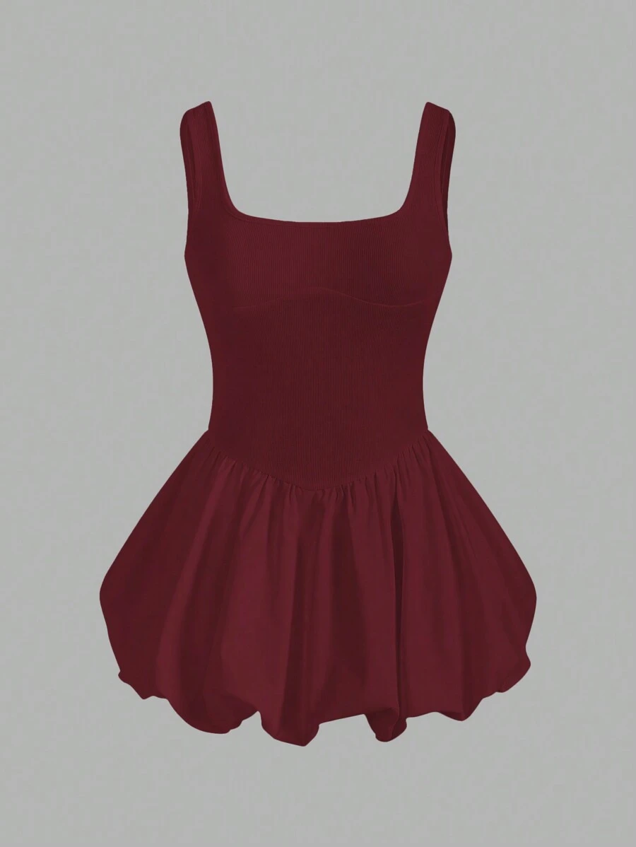SHEIN ICON Women's Summer Solid Color Cinched Waist Lantern Hem Camisole Dress - Burgundy - View 1