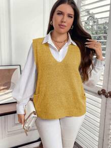 SHEIN Unity Plus Size Solid Color V-Neck Sleeveless Sweater Vest With Pockets, Casual, For Winter - Yellow - View 3