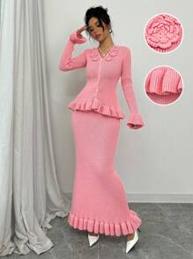 Elenzga 2 件套女士 3D 花卉装饰喇叭袖波浪下摆毛衣套装，秋冬 - 粉色 - 查看 1