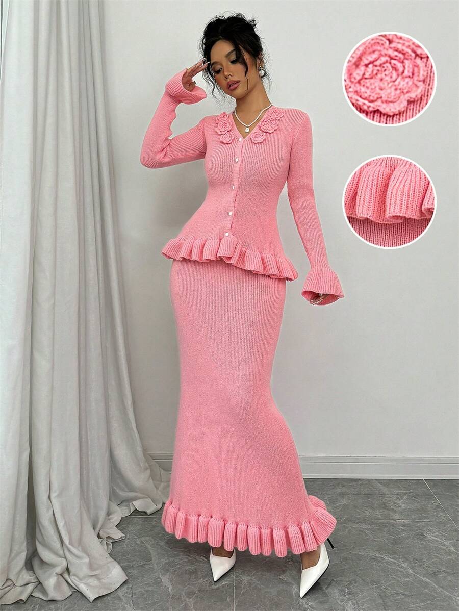 Elenzga 2 件套女士 3D 花卉装饰喇叭袖波浪下摆毛衣套装，秋冬 - 粉色 - 查看 1