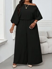 SHEIN Lady 秋冬优雅复古工作休闲办公室香槟色编织露肩舞会礼服主教袖露背新品大码连体裤 - 黑色 - 查看 5