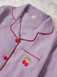 女孩可爱樱桃花刺绣珊瑚粉色长裤和长袖 2 件套睡衣套装，宽松舒适，适合大女孩 - 紫色 - 查看 4
