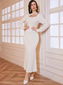 Modelyn Women's Solid Color Round Neck Hollow Pleated Elegant Long Sleeve Dress Long Evening Dresses