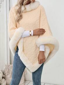 Chiquease Women's Solid Color Patchwork Fluffy Poncho Elegant Sweater, Autumn/Winter Knit Pullover Fall - Apricot - View 6