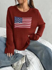 SHEIN EZwear 秋冬休闲国旗图案毛衣 - 紅色 - 查看 3