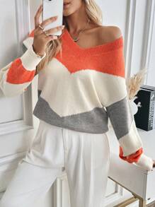 SHEIN LUNE Women's Color Block V-Neck Casual Pullover Sweater