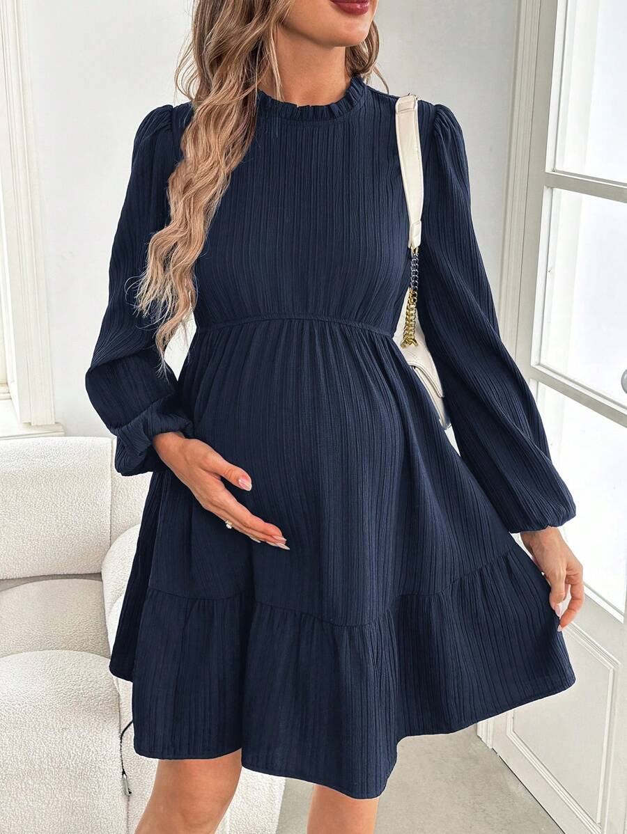 SHEIN Umstandsmode elegantes grünes Abendkleid, Kleid mit langen Laternenärmeln und Schlitz-Saum, figurbetonter Schnitt für Schwangere