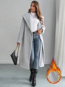 SHEIN Privé 1 件女式蓬松连帽夹克，双纽扣连帽羊毛大衣