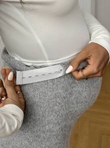 SHEIN Maternity Casual Letter Elastic Waist Adjustable Solid Ribbed Leggings - Light Grey - View 5