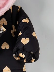 SHEIN 女婴心形印花连帽冬季外套，厚实保暖，时尚秋冬季外套 - 黑色 - 查看 6
