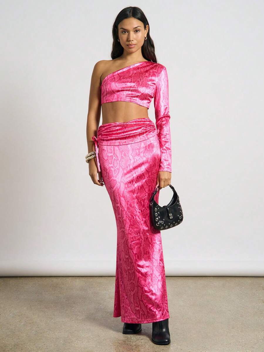 AiiRZ Snake Print One Shoulder Two Piece Co-Ord Set Ruched Side Detail Crop Top Long Sleeve And High Waist Floor Length Maxi Skirt Party Evening Outfit Festival Holiday - Hot Pink - View 1