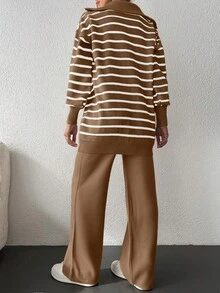 EURMUSE 女士半拉鍊條紋針織衫和針織褲二件套裝 - 米色 - 查看 2