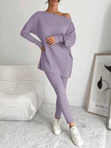 RueChic Women's Solid Boat Neck Hollow Out Top And Leggings Two Piece Set - Red Violet - View 3