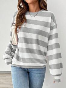 Chiquease 女士休闲落肩长袖条纹圆领运动衫秋季 - 淺灰色 - 查看 6