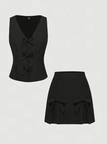 SHEIN MOD Bộ áo vest và váy mini trang trí nơ buộc phía trước phong cách nữ tính - màu đen - Xem 1