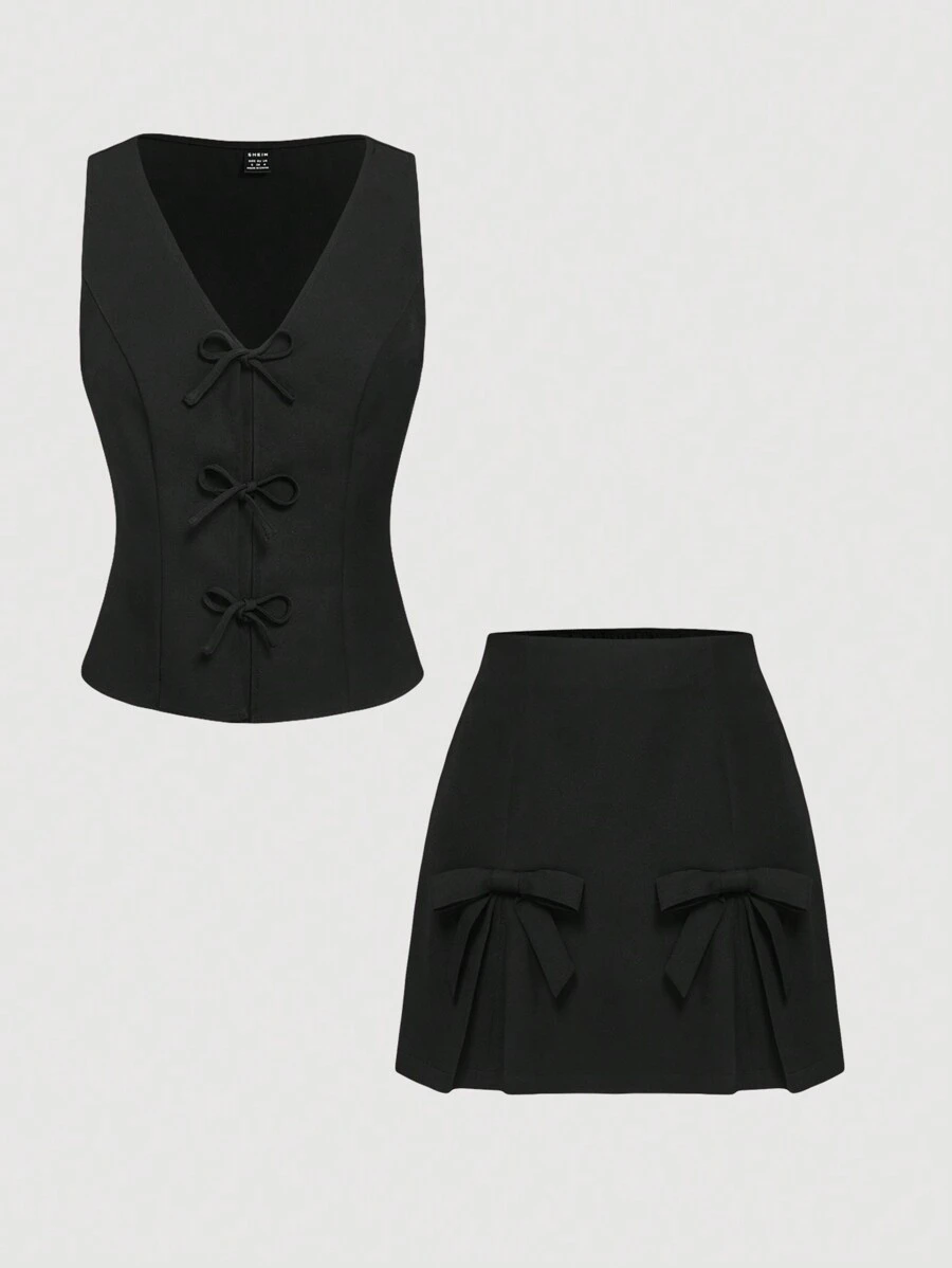 SHEIN MOD Bộ áo vest và váy mini trang trí nơ buộc phía trước phong cách nữ tính - màu đen - Xem 1