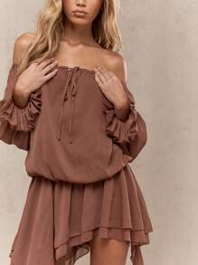 MISSGUIDED 露肩巴多褶边罩衫迷你连衣裙波西米亚风格波西米亚节日长袖农家裙高低下摆设计 - 咖啡 - 查看 3