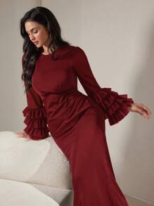 Veilorie Vestido elegante y recatado de unicolor para mujer con cuello redondo, mangas abombadas y bajo en forma de cola de pez