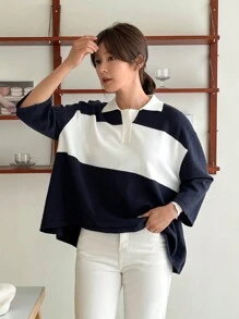 DAZY Femmes Loose Contrast Color 3/4 Sleeve Pullover Sweater Automne, Hiver - Bleu marine - Voir 8