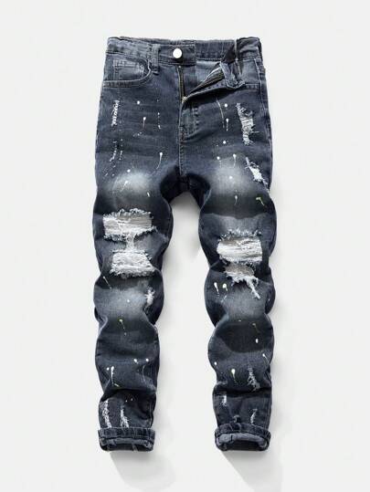 Tween Boys Comfortable Street Fashion Cotton Splatter Print Distressed Jeans, Solid Color Light Grey Ripped Jeans For Party And Street Wear