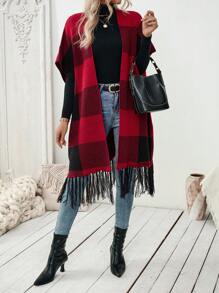 SHEIN LUNE Cárdigan con borlas y estampado de cuadros para mujeres, moda de otoño/invierno